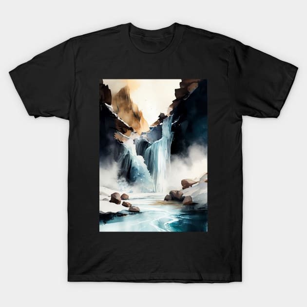 Aqua Serenity: Watercolor Waterfall T-Shirt by simonrudd